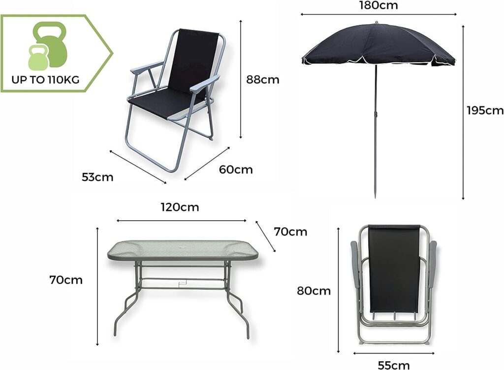 6 Seater Metal Garden Set Outdoor Bistro Dining Patio Conservatory Sunroom. Rectangle Table and Chair Set 8 Piece Black Fabric Folding Chair Tempered Glass Table and Parasol