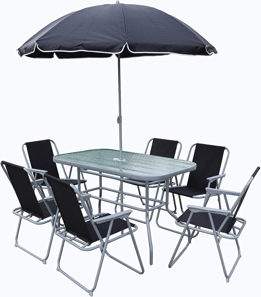 6 Seater Metal Garden Set Outdoor Bistro Dining Patio Conservatory Sunroom. Rectangle Table and Chair Set 8 Piece Black Fabric Folding Chair Tempered Glass Table and Parasol