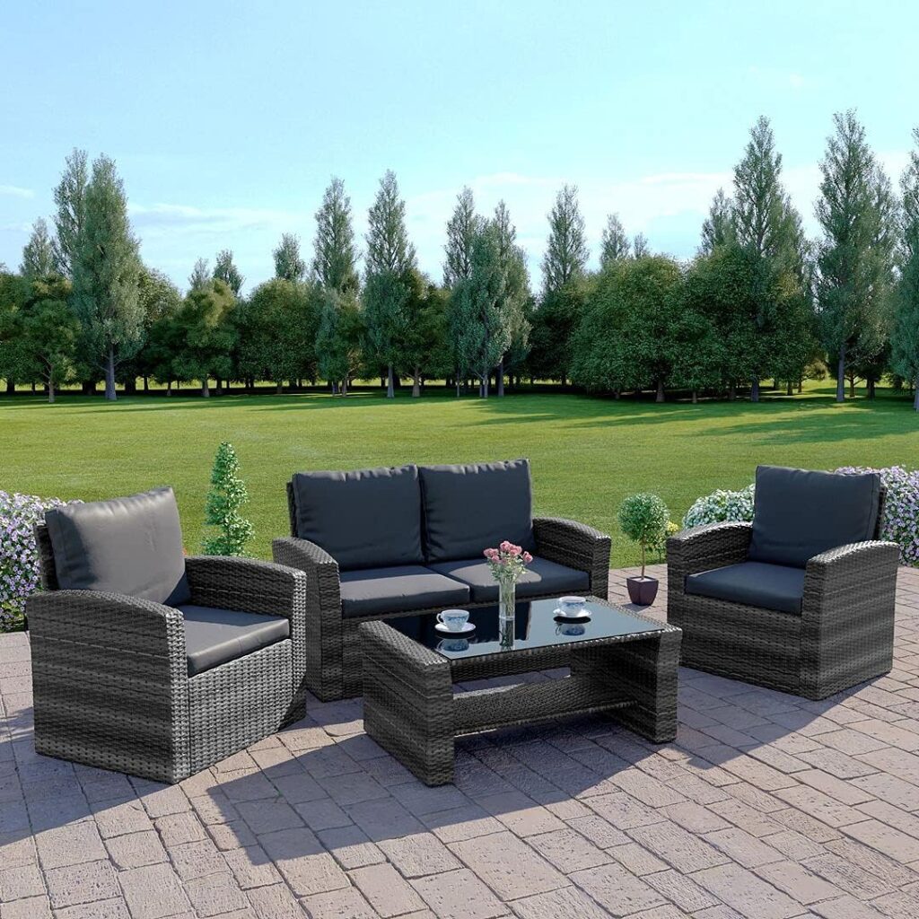 Abreo New Rattan Wicker Weave Garden Furniture Patio Conservatory 2 or 3 Seater Sofa Sets (Mix Grey with Dark Cushions, Algarve 2+1+1) INCLUDES OUTDOOR WATERPROOF PROTECTIVE COVER