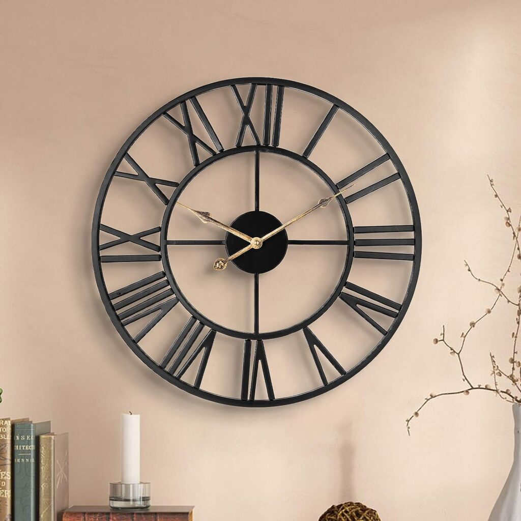 ARVINKEY Silent Wall Clock, European Farmhouse Vintage Clock with Roman Numerals, 40cm Non-Ticking Battery Operated Metal Skeleton Decorative Clock for Home Kitchen Cafe Hotel Office Decor(Black)