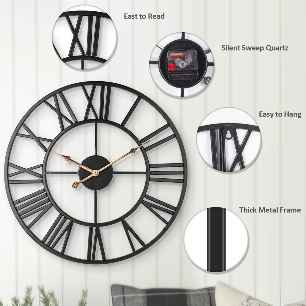 ARVINKEY Silent Wall Clock, European Farmhouse Vintage Clock with Roman Numerals, 40cm Non-Ticking Battery Operated Metal Skeleton Decorative Clock for Home Kitchen Cafe Hotel Office Decor(Black)