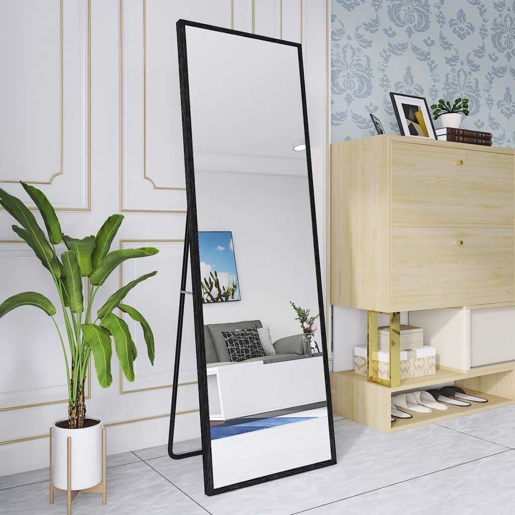 Beauty4U Full Length Mirror 140x40cm Free Standing, Hanging or Leaning, Large Floor Mirror with Black Aluminum Alloy Frame for Living Room or Bedroom