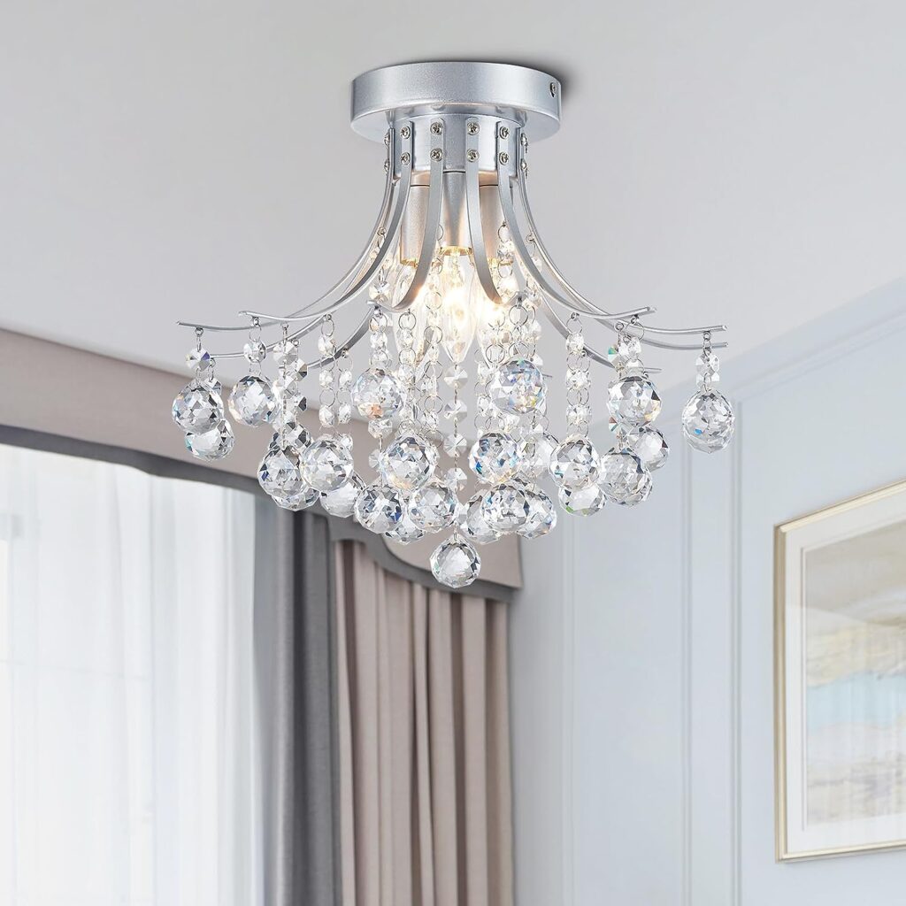 BESTIER Modern Silver Crystal Semi-Flush Mount Chandelier Lighting Ceiling Light Fixture Lamp for Diningroom Bathroom Bedroom Livingroom 3 E14 Bulbs Required D34cm X H30cmh