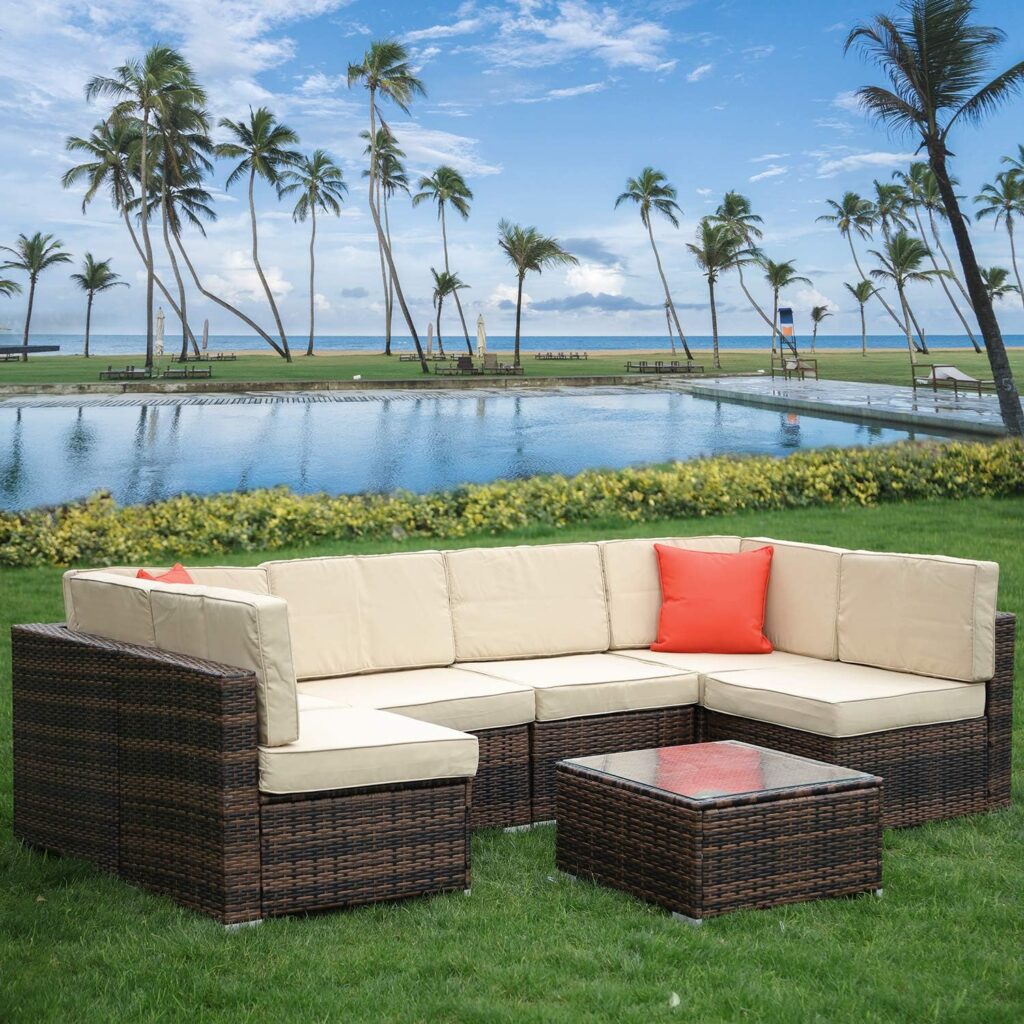 bigzzia 6 Seater Garden Furniture Set, Patio Rattan Dining Table Set Wicker Weave Corner Sofa Seat Glass Coffee Table Conversation Set With Cushions and Pillows For Lawn Backyard Poolside