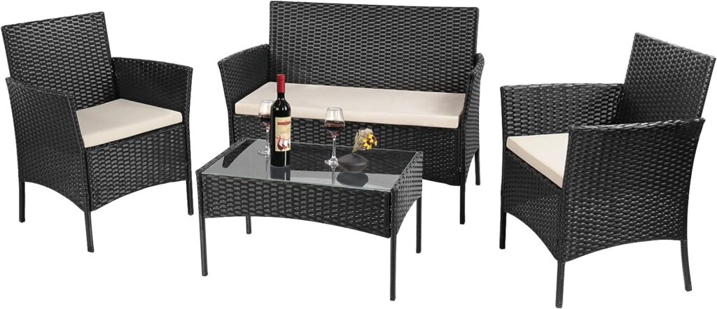 bigzzia Rattan Garden Furniture Set, 4 Piece Patio Rattan furniture Sofa Sets Weaving Wicker includes 2 Armchairs,1 Double seat Sofa and 1 table