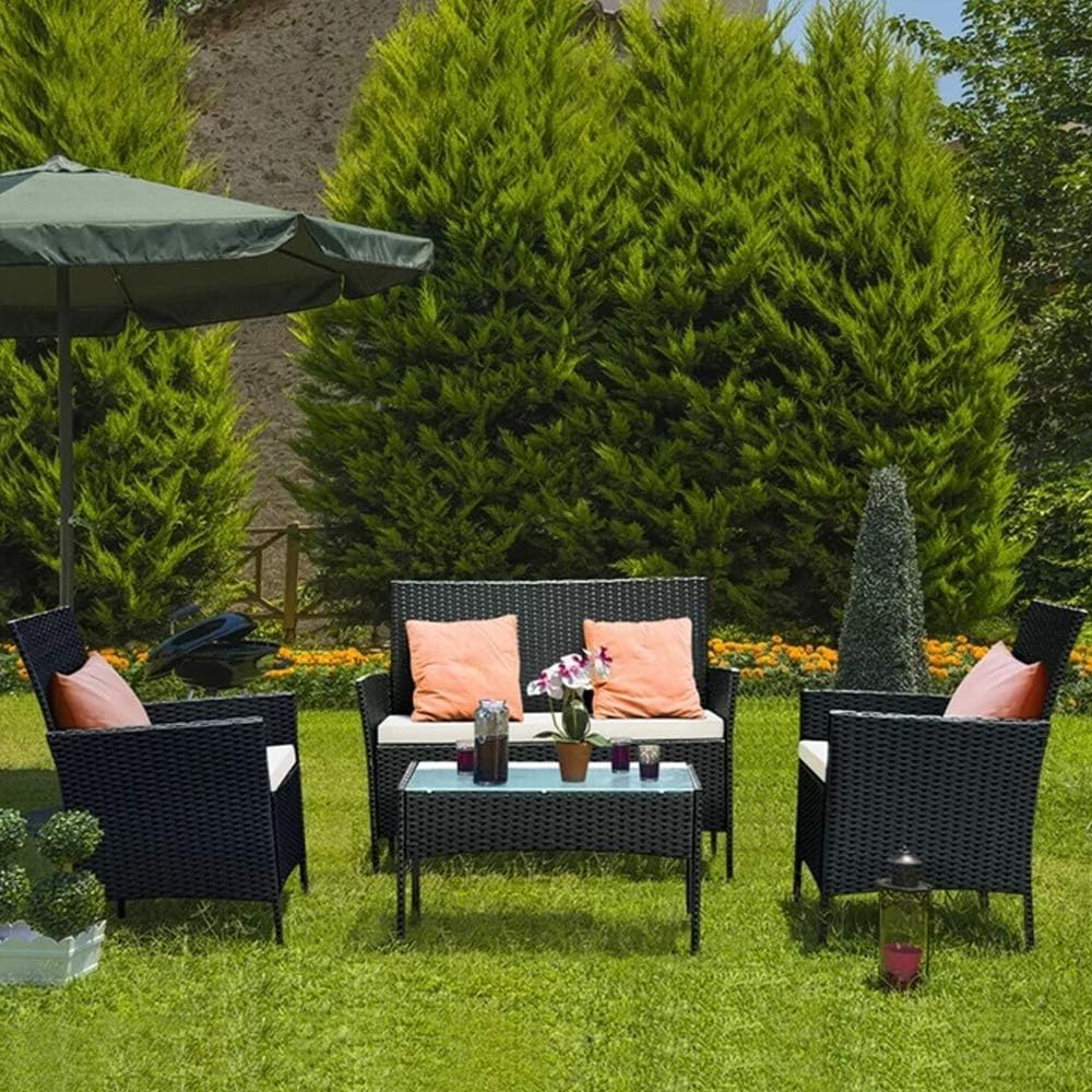 bigzzia Rattan Garden Furniture Set, 4 Piece Patio Rattan furniture Sofa Sets Weaving Wicker includes 2 Armchairs,1 Double seat Sofa and 1 table