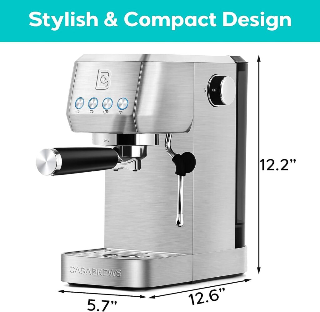 CASABREWS 20 Bar Coffee Machine, Professional Coffee Maker, Cappuccino and Latte Machine with Steam Milk Frother, Compact Espresso Machine with 1.3L Removable Water Tank, Stainless Steel