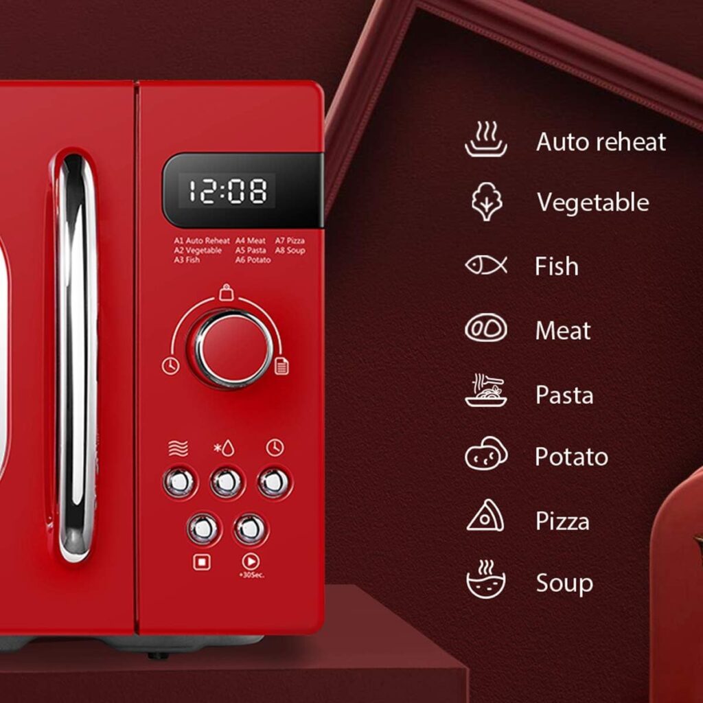 COMFEE Retro Style 800w 20L Microwave Oven with 8 Auto Menus, 5 Cooking Power Levels, and Express Cook Button - Passionate Red - CM-M202RAF(RD)