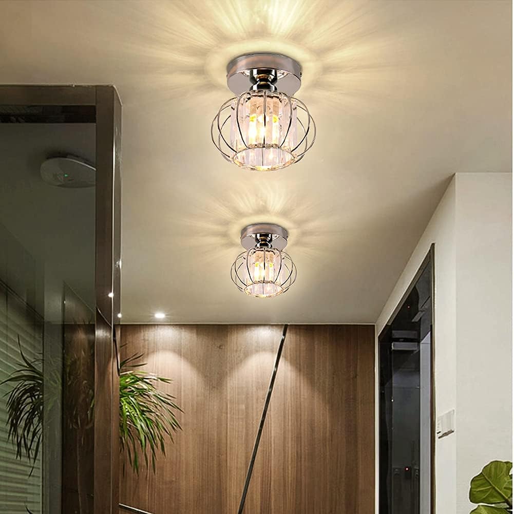 Crystal Chandelier Ceiling Lighting Fitting Small Lampshade Semi Flush Mount Ceiling Light Modern Ceiling Lamp for Hallway Kitchen Dining Room Bedroom Stairs,E27,Chrome…