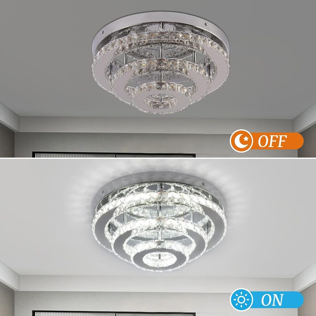 CXGLEAMING 13.8 Modern LED Crystal Chandelier Ceiling Light Fittings 3-Tier Round Chandelier Flush Light Fitting Ceiling for Living Room Bedroom Dining Hallway Kitchen (Cool White)