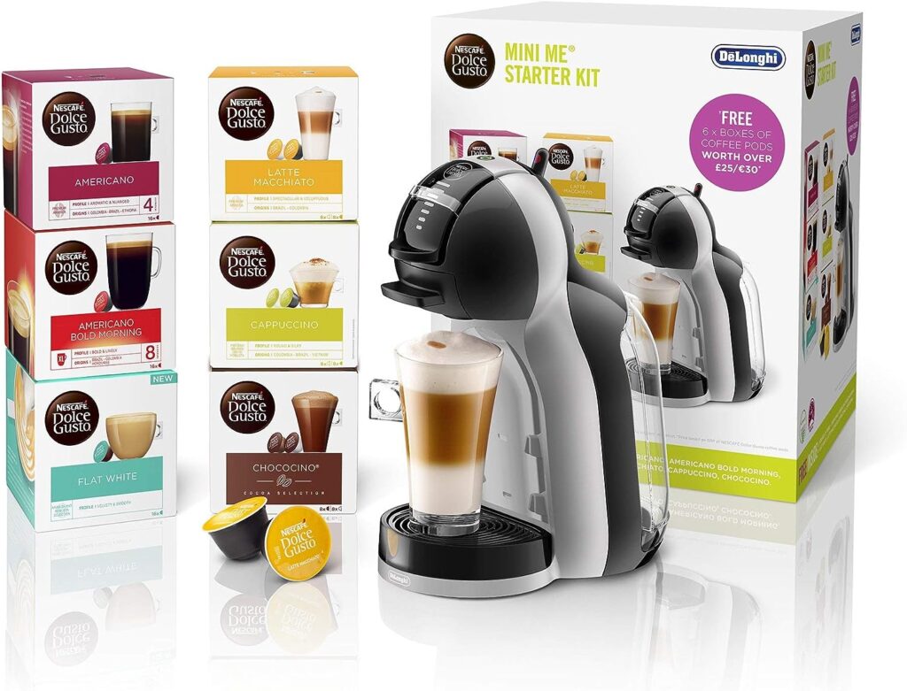 DeLonghi Nescafé Dolce Gusto Mini Me, Single Serve Capsule Coffee Machine Starter Kit, Including 6 boxes of Coffee Pods, EDG155.BG, 230 Milliliters, Black Grey