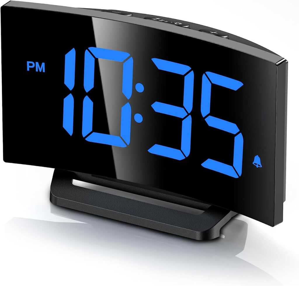 Digital Alarm Clock for Bedrooms, Digital Clock with Modern Curved Design, Conspicuous Blue LED Numbers, 6 Levels Brightness, 2 Volume, 3 Alarm Tones, Snooze, Power-Off Memory, 12/24H, Bedside Clock