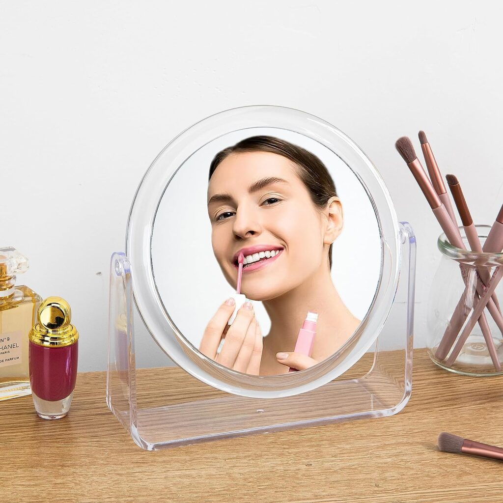DOZTI Magnifying Makeup Mirror Two Sided bathroom shaving Mirror 360° Rotating Table vanity cosmetic dressing table circle mirror for styling hair beauty or plucking eyebrow