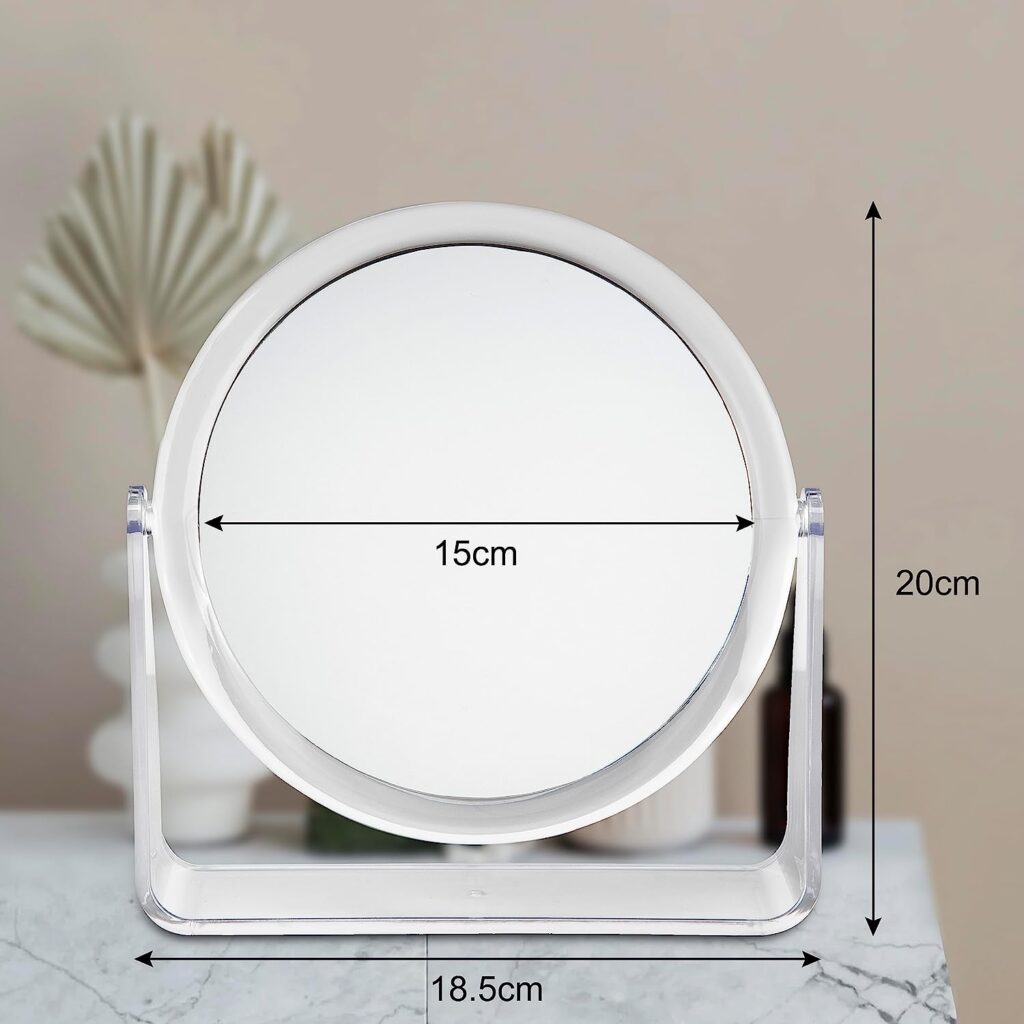 DOZTI Magnifying Makeup Mirror Two Sided bathroom shaving Mirror 360° Rotating Table vanity cosmetic dressing table circle mirror for styling hair beauty or plucking eyebrow