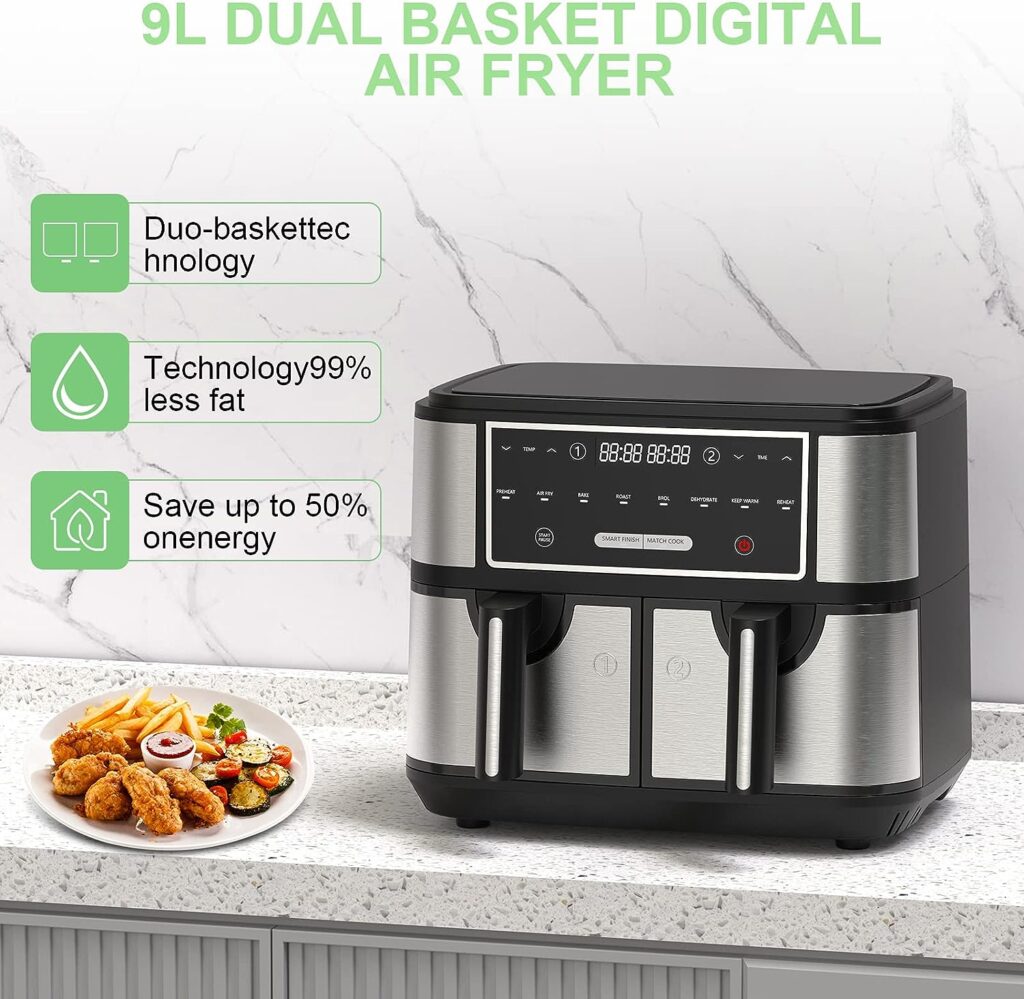 EUARY Best 9L Large Dual Basket Air Fryers for Family,8-In-1 Compact Air Fryer Oven with Smart Finish,Oil Free Double Air Fryer with Cookbook,Timer Temperature Control,Nonstick 2600w