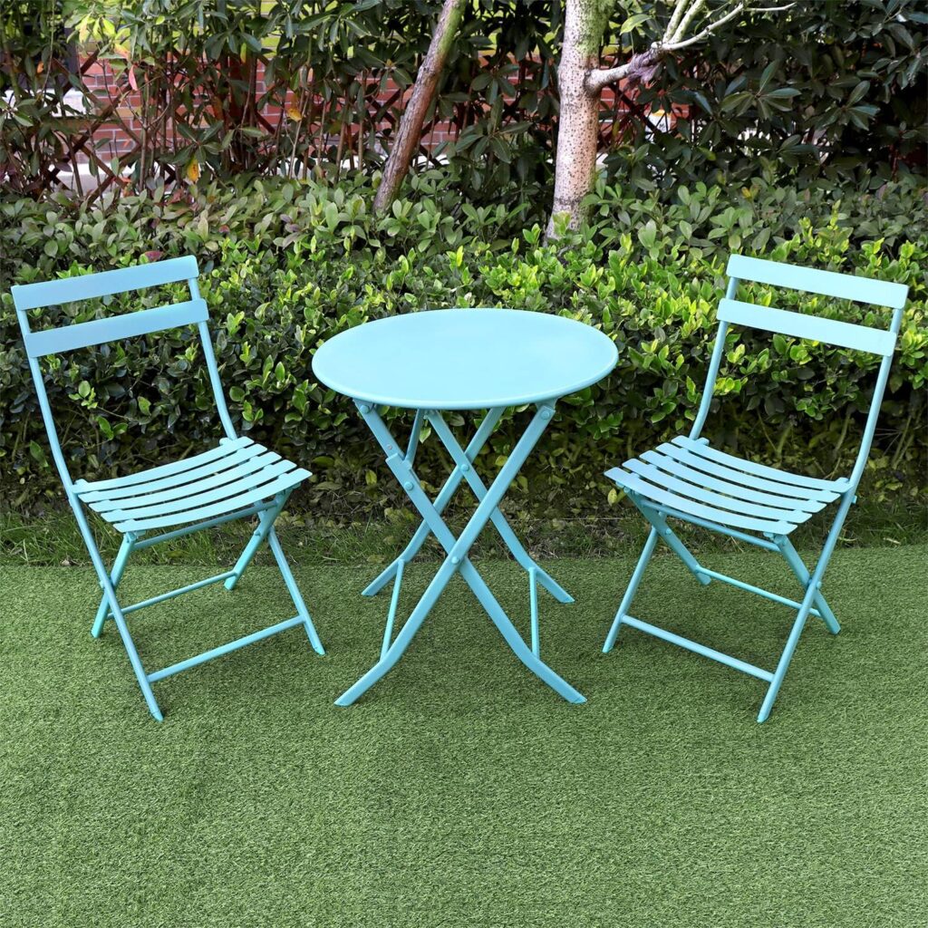 GardenAddict Bistro Table and Chairs set, Lightweight 3 Pieces Bistro set, Patio Table and Chairs, Folding Outdoor Patio Furniture Sets, Blue