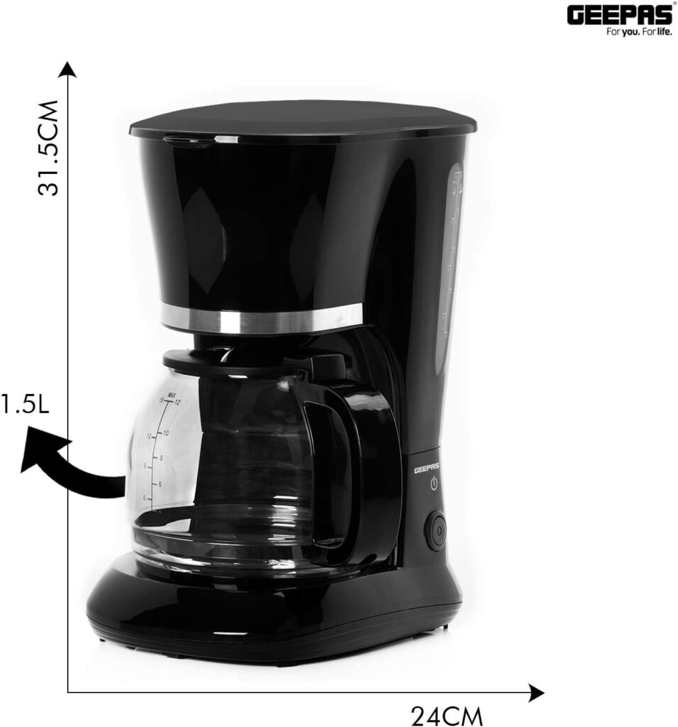 GEEPAS 1.5L Filter Coffee Machine | 800W Coffee Maker for Instant Coffee, Espresso, Macchiato More | Boil-Dry Protection, Anti-Drip Function, Automatic Turn-Off Feature (Standard) – 2 Year Warranty