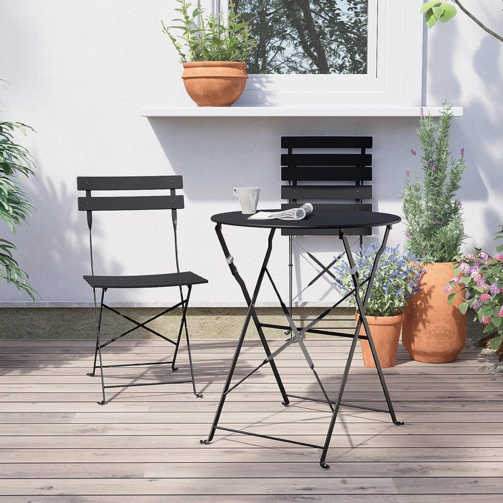 Grand patio 3 piece Metal Folding Bistro Set, 2 Chairs and 1 Table Weather-Resistant, Outdoor Indoor Conversation Set for Patio, Yard, Garden (Black)