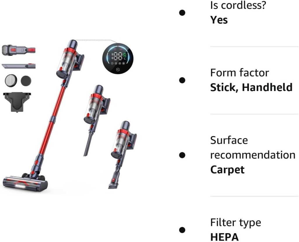 HONITURE Cordless Vacuum Cleaner 33KPa Powerful Stick Vacuum Cleaner with LCD Touch Screen, Up to 50mins, 4 in 1 Lightweight Handheld Cordless Vacuum for Hardwood Floor Carpet Pet Hair Car Stair S13