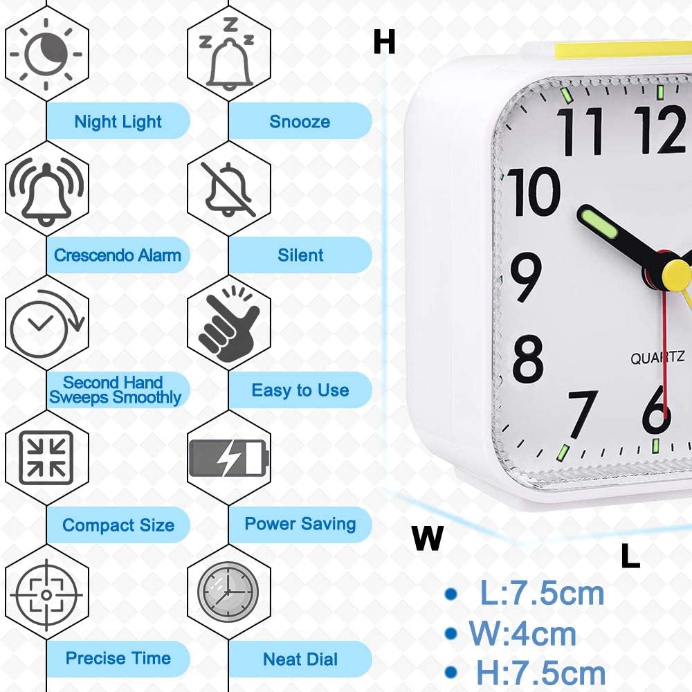 HOPSEM Silent Alarm Clock Battery Powered Non Ticking Bedside Clocks Large Display Basic Bedroom Clock Snooze Night Light Function Easy to Read Operate