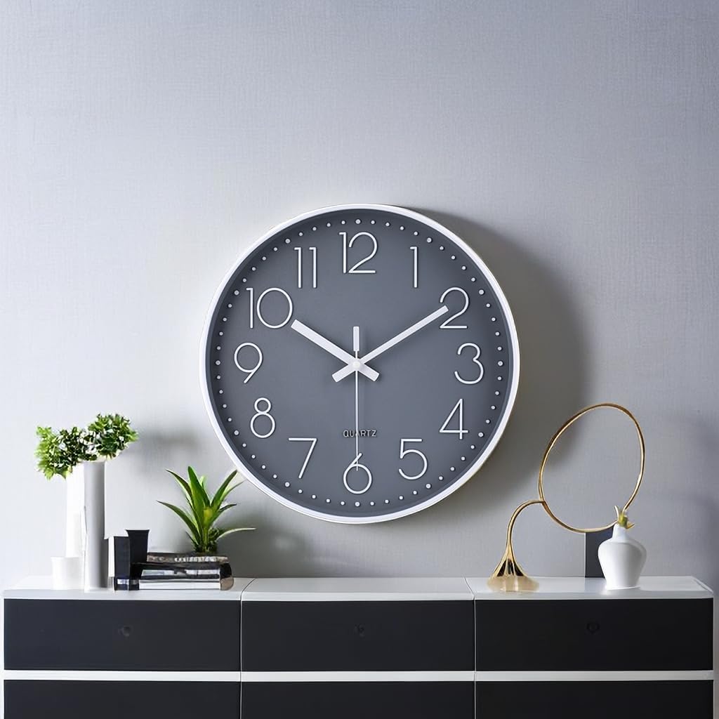 jomparis Quality Silent Non Ticking Quartz Sweep Round Wall Clock 12 Inches Grey Modern Decorative Clock for Kitchen Home Living Room Bedroom School
