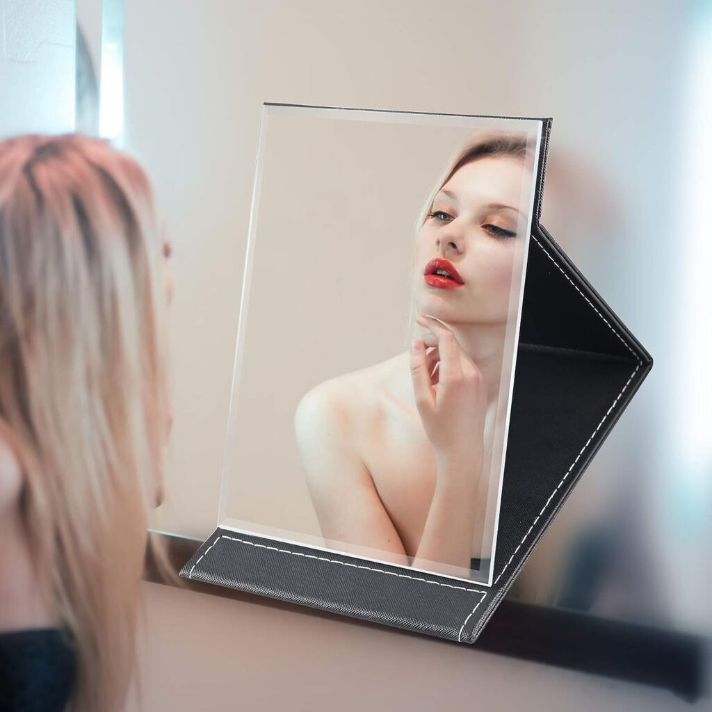 JTOOYS Mirror, Desktop Mirror, Creative Folding PU Makeup Mirror, Smart Portable Mirror, Desktop Folding Mirror with Stand, Simple Fashion Black Mirror 21.5x15.5cm