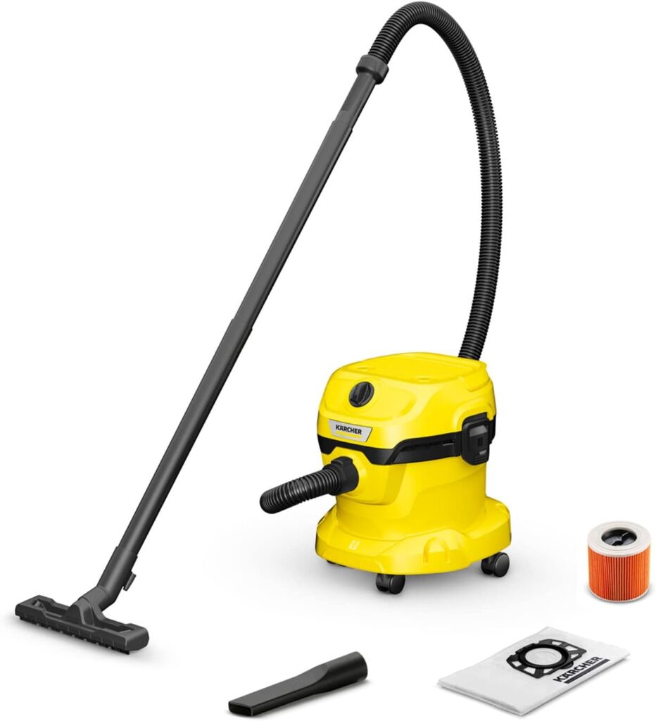 Kärcher Wet Dry Vacuum Cleaner WD 2 Plus, blowing function, power: 1000w, plastic container: 12 l, suction hose: 1.8 m, incl. cartridge filter, floor and crevice nozzle, Yellow