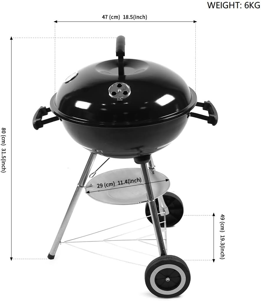 Kono Kettle Charcoal Barbecues Grill Portable BBQ Grills Outdoor Spherical Design in Black 47x49x80cm (KY22018C)