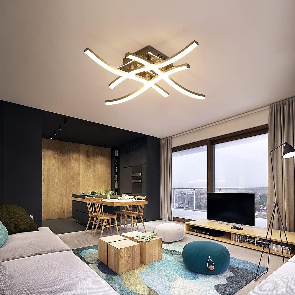LED Ceiling Lights, Modern Dimmable Ceiling Light with Remote Control, Elegant Curved Design Chandelier with 4 Built-in LED Boards, 28W 2350LM Silver Chrome Ceiling Lighting for Living Room, Bedroom
