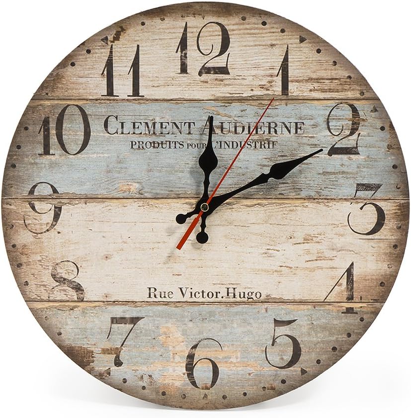 LOHAS Home 30cm Silent Wooden Round Wall Clock Vintage Rustic Chic Style Arabic Numerals Wooden Round Decorative Wall Clock (Victor Hugo)