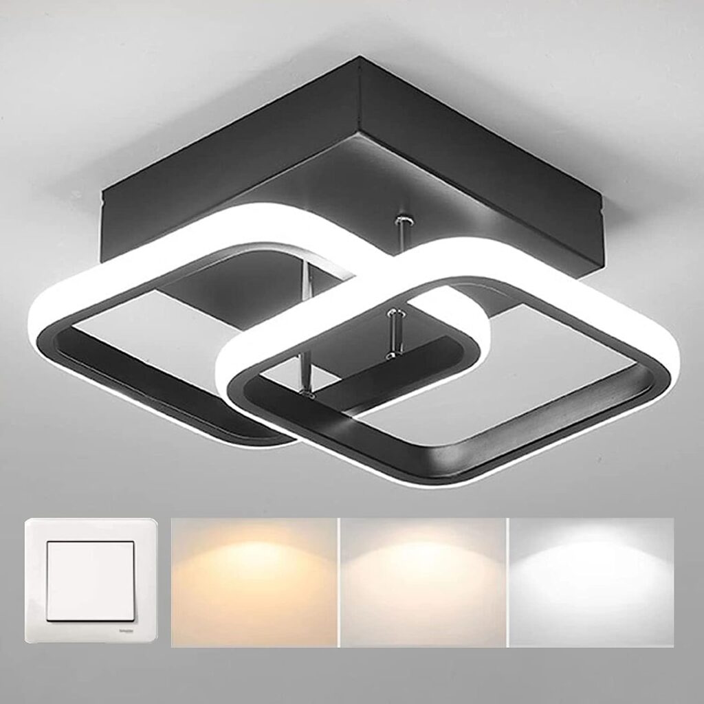 Mchoter LED Ceiling Light Small Square Creative Ceiling Lamp 3 Color Adjustable Modern Chandelier Lighting for Bedroom Kitchen Living Room 22W (Black)