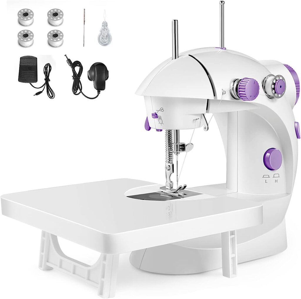 Mini Sewing Machine, Household Sewing Machine with Extension Table, Portable Sewing Machine Lightweight for Beginners, Handheld Sewing Machine with Sewing Kits for DIY Clothing, Curtain, Crafts(White)