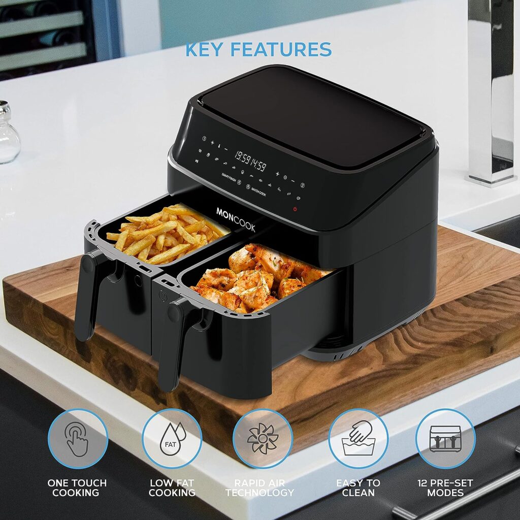 MONCOOK Double Air Fryer - 2 In 1 Airfryer 9L With 2 x 4.5L Baskets - 50 Recipe Cookbook - Smart Finish Function - Digital LED Display Airfryer - 12 Pre-Set Cooking Programs - Healthy Oil-free Fryer