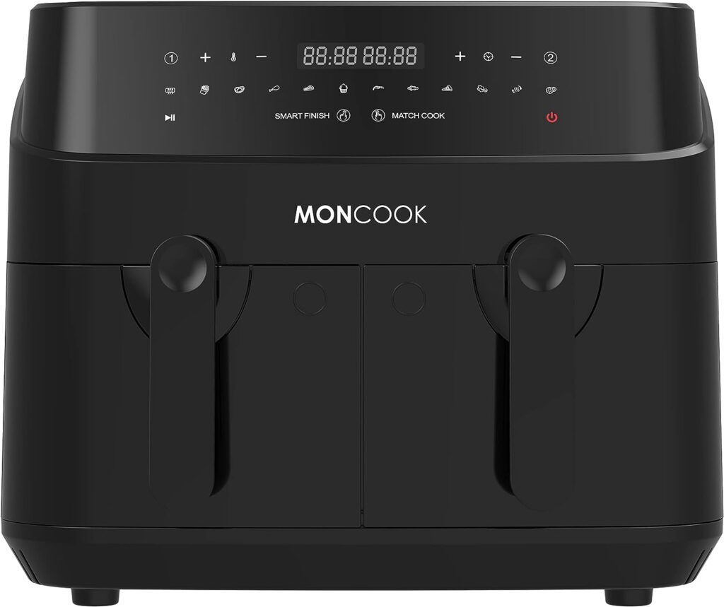 MONCOOK Double Air Fryer - 2 In 1 Airfryer 9L With 2 x 4.5L Baskets - 50 Recipe Cookbook - Smart Finish Function - Digital LED Display Airfryer - 12 Pre-Set Cooking Programs - Healthy Oil-free Fryer