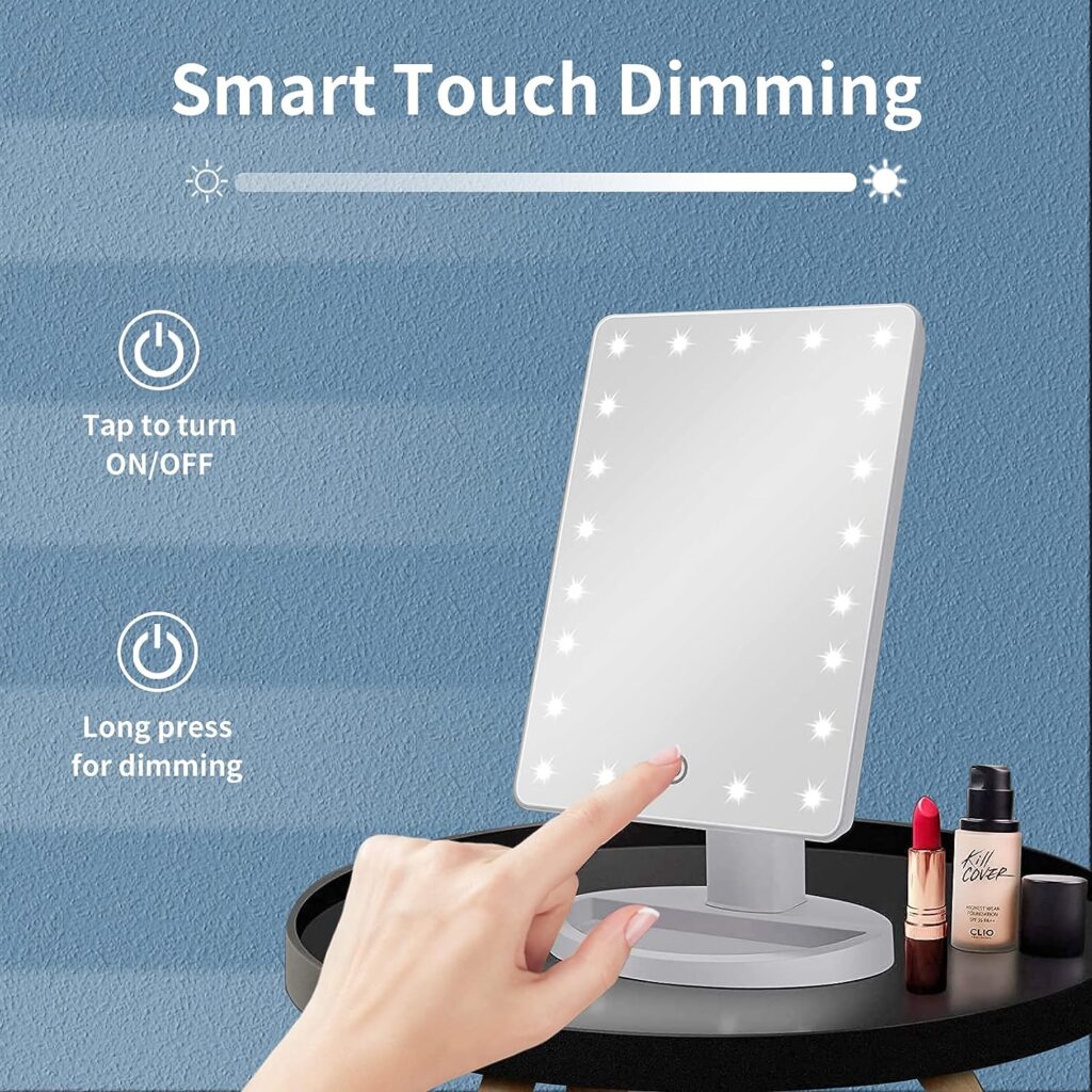 Nestling Makeup Mirror with Lights, 21 LED Lights Vanity Cosmetic Touch Screen, 10x Magnification Detail Mirror, 180° Free Rotation, Dual Power Supply Light