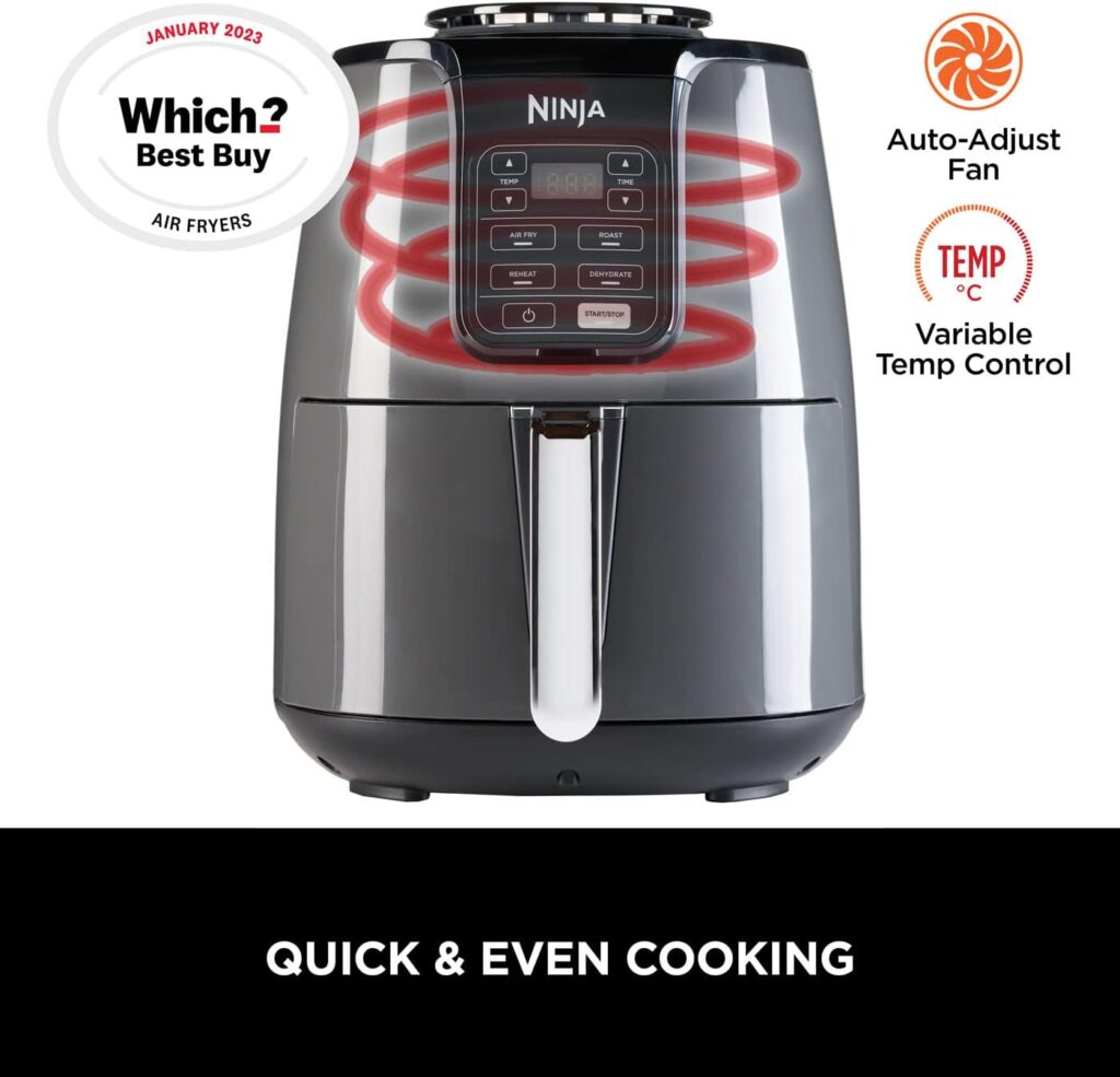 Ninja Air Fryer, 3.8 L, ‎1550 W, 4-in-1, Uses No Oil, Air Fry, Roast, Reheat, Dehydrate, Non-Stick, Dishwasher Safe Basket, Cooks 2-4 Portions, Digital, Grey Black, AF100UK