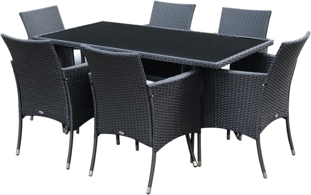 Outsunny Rattan Garden Furniture Dining Set 6-seater Patio Rectangular Table Cube Chairs Outdoor Fire Retardant Sponge Black