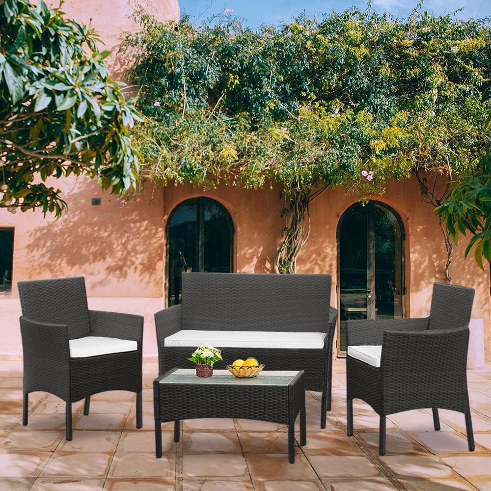 Panana Rattan Garden Furniture 4 Piece Set Table Sofa Chair Patio Outdoor Conservatory Indoor Black