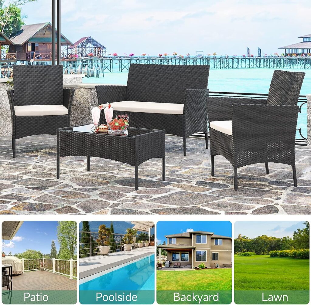 Rattantree Rattan Garden Furniture Sets, 4 Piece PE Garden Sofa Sets with Thick Cushion, Outdoor Patio Weaving Wicker Rattan Sofa Sets with 2 Armchairs,2 Seaters Sofa and 1 Tempered Glass Table(Black)