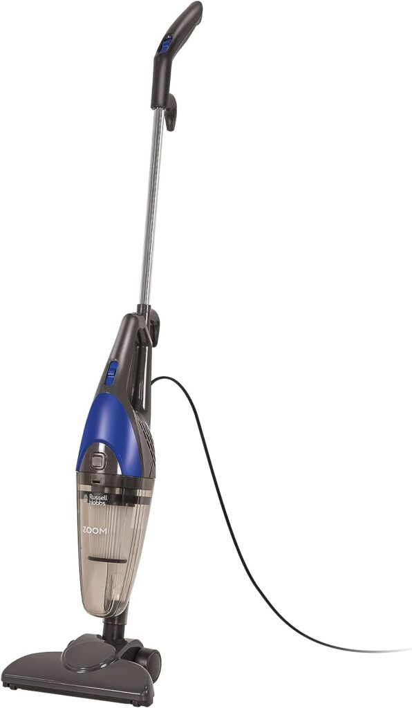 Russell Hobbs RHSV1001 Corded Upright Stick Vacuum Bagless 2 in 1 White and Blue 600W 0.5 L Dust Capacity, 5 metre Cord for Carpets Hard Floors with Crevice Brush Tool with 2 Year Guarantee