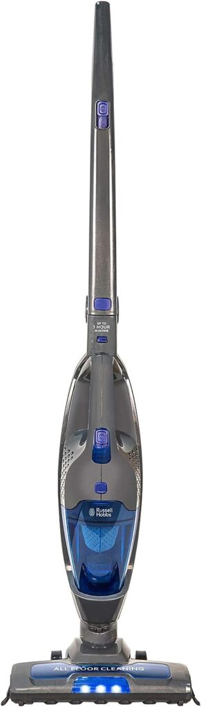 Russell Hobbs RHSV2211 Cordless Upright Stick Vacuum Bagless 2 in 1 Grey and Blue 600W 2 Speed Settings, 60 minute Run Time, for Carpets Hard Floors with Crevice Brush Tool with 2 Year Guarantee