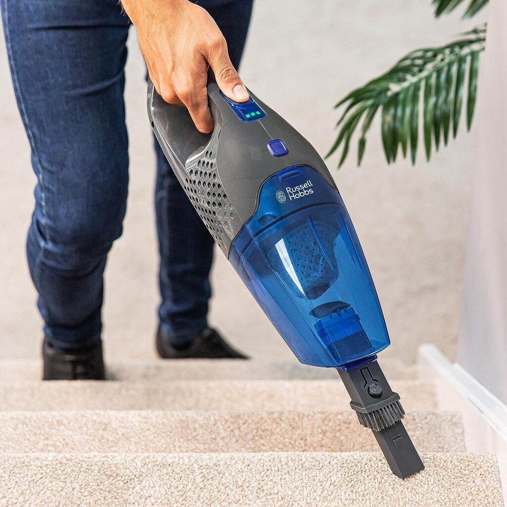 Russell Hobbs RHSV2211 Cordless Upright Stick Vacuum Bagless 2 in 1 Grey and Blue 600W 2 Speed Settings, 60 minute Run Time, for Carpets Hard Floors with Crevice Brush Tool with 2 Year Guarantee