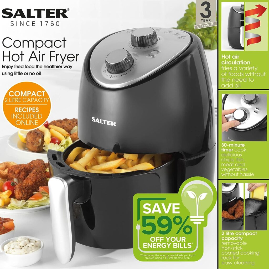 Salter EK2817H 2L Compact Air Fryer, Non-Stick Cooking, 30 Minute Timer, Automatic Shut Off Function, Hot Air Circulation, Healthier Cooking, Adjustable Temperature Control, Small Households, 1000W