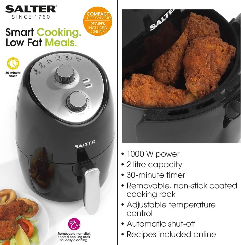 Salter EK2817H 2L Compact Air Fryer, Non-Stick Cooking, 30 Minute Timer, Automatic Shut Off Function, Hot Air Circulation, Healthier Cooking, Adjustable Temperature Control, Small Households, 1000W
