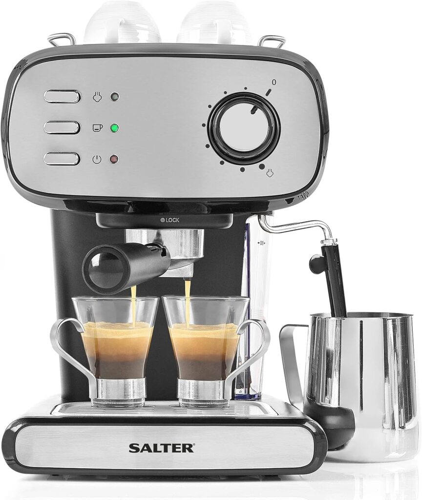 Salter EK4369 Caffé Barista Pro Espresso Machine, Cappuccino, Latte and Coffee Maker, 15-Bar Pressure Pump, Milk Frothing Wand, Removable Drip Tray,2 Cups at Once,Durable Stainless Steel Filter,Black