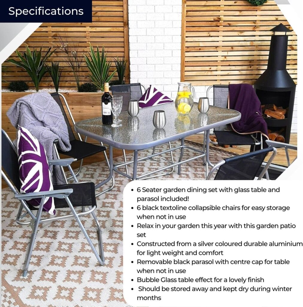Samuel ALEXANDER 6 Person Garden Furniture Sets With Parasol Patio Dining Table And Chairs Set, Includes 6 Chairs, Table and Parasol