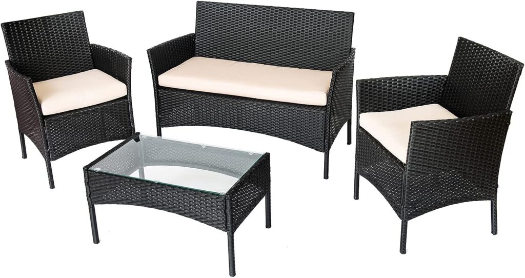 Straame 4PC Rattan Garden Furniture Set with Table, Double Seated Sofa and 2 Cushion Chairs, Outdoors Rattan Set, Weather Resistant, Comfortable Stylish Pool Side, Patio Lounger Set (Black)