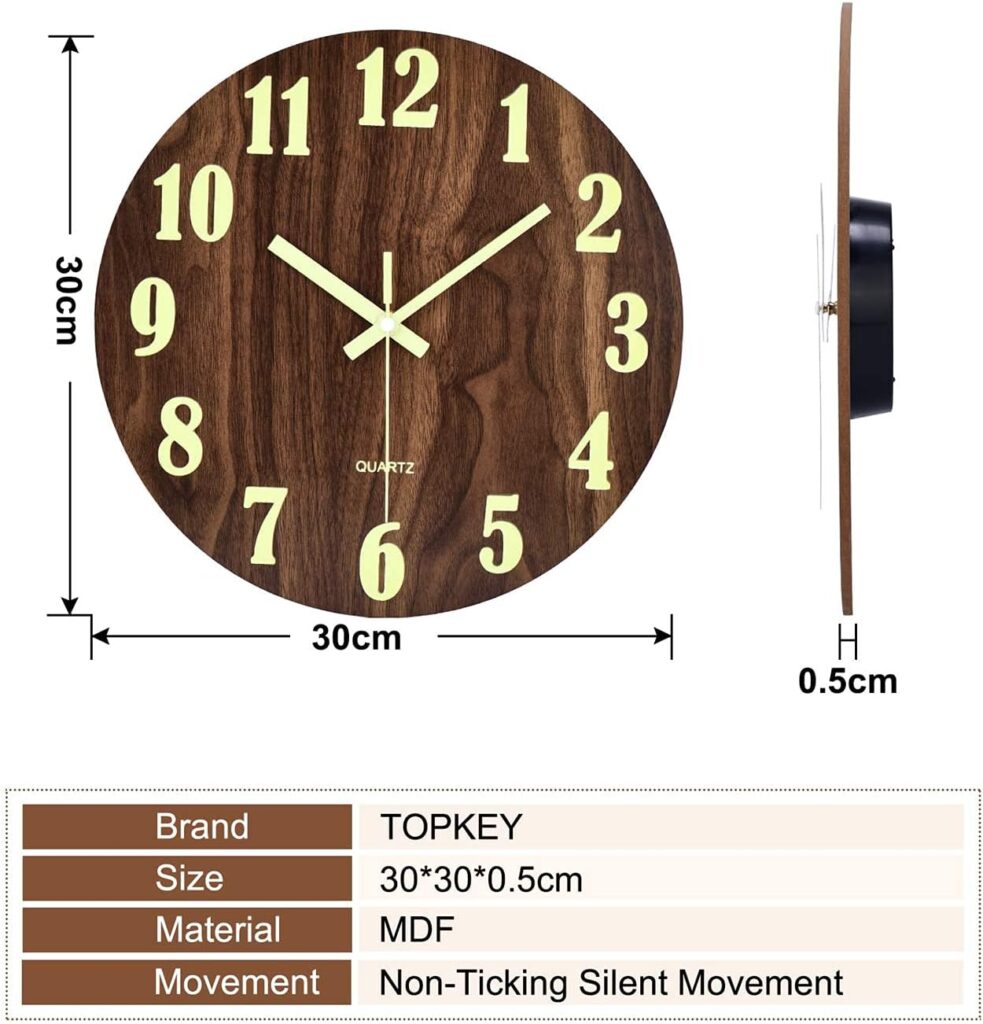 Topkey 12 Inch Luminous Wall Clock Silent Wooden Design Night Lights Round Wall Clock for Living Room and Bedroom (Battery Not Included) - Brown