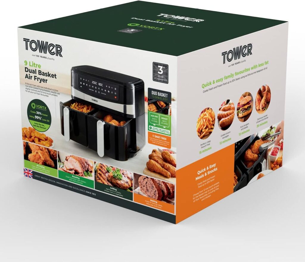 Tower T17088 Vortx 9L Duo Basket Air Fryer with Smart Finish, 2600W Power, Black