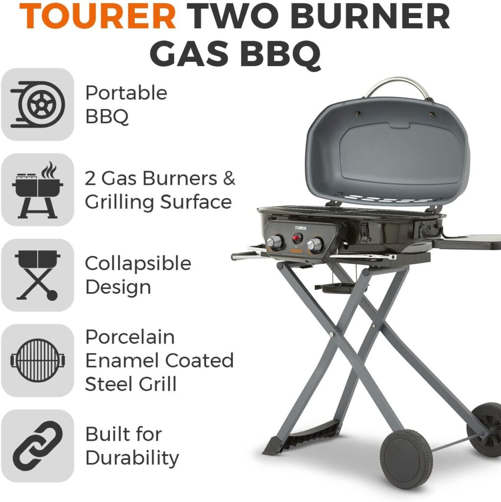 Tower Tourer T978522 2 Burner Gas BBQ, Portable Design, Porcelain Enamel Coated Steel Wire Grill, Grey